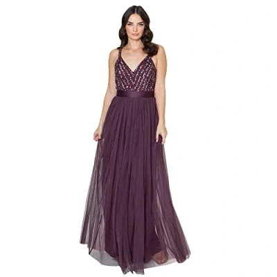 Abbildung von Maya Deluxe Damen Maxi Abendkleid Elegant Für Hochzeit Mit V ausschnitt Tüllkleid Schleife Brautjungfernkleid, Berry, 38 EU