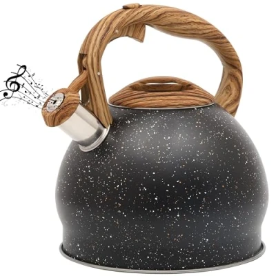 Abbildung von Belle Vous Schwarz texturierter Pfeifkessel 3L Teekanne Für Herd/Induktionsherd Edelstahl Wasserkessel Induktion Teekessel Wasserkocher Tee/Kaffee