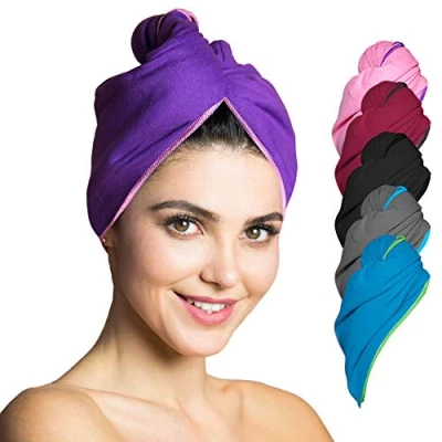 Abbildung von Fit Flip Haarturban Mikrofaser 2 Stück Haarhandtuch mit Knopf schnelltrocknend und saugstark Microfaser Kopf Turban Haar Handtuch (lila rosa)