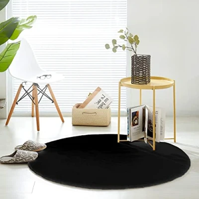 Abbildung von Teppich Wölkchen Fell Rund, Fellteppich Kunstfell Waschbar, Hasenfell, Kaninchenfell Flauschiger Wohnzimmer, Bettvorleger Schlafzimmer Schwarz Rund 120cm