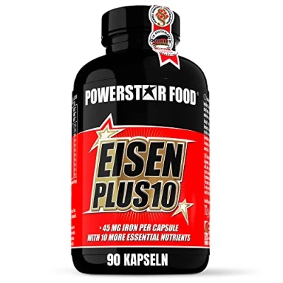 Abbildung von Powerstar Eisen PLUS 10 90 Kapseln mit Jod, natürlichem Vitamin C &amp; B Komplex Vegan hochdosiert 45 mg pro Kapsel Deutsche Herstellung Nahrungsergänzungsmittel