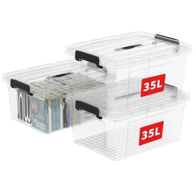 Abbildung von Cetomo 35L*3 Aufbewahrungsboxen, Tragbare Plastikboxen mit Deckeln, Organizer Behälter Griff und Clips, Stapelbar, Ineinander Nestbar, für Zuhause Büro, Transparent, 35L 3er Pack