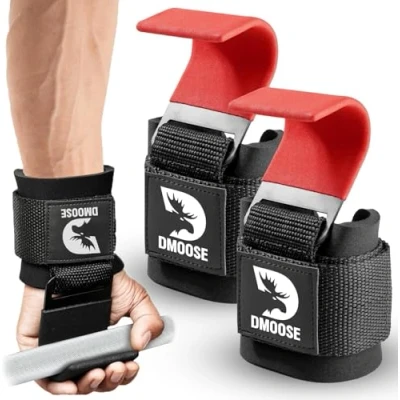 Abbildung von DMoose Fitness Gewichtheberhaken für Männer &amp; Frauen (Paar) 8 mm dicke Handgelenkpolster Gewichthebergriffe Powerlifting, Shrugs, Rows Deadlift Support Gym Lifting Straps mit Pull Up Hooks