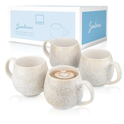 Abbildung von SÄNGER Tassen Set Santorini 4 tlg, Kaffeetassen Personen, Steingut Becher Spülmaschinenfest, Handmade Teetassen Cremefarben mit Flieder Blauem Farbverlauf 300 ml PREMIUM COLLECTION