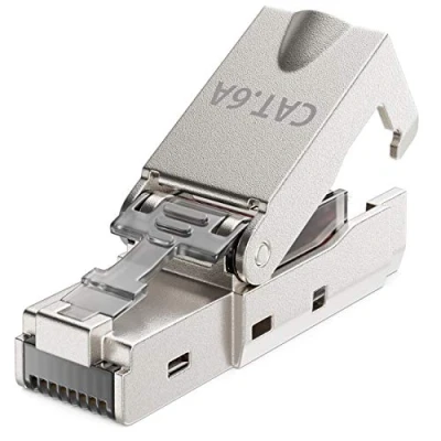 Abbildung von deleyCON 1x CAT 6a Werkzeugloser RJ45 Netzwerkstecker mit LSA Anschluss für Starre Verlegekabel Geschirmt 10 Gbit/s LAN Kabel Netzwerkkabel Stecker CAT6a Metallgehäuse