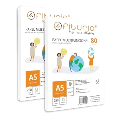 Abbildung von Packung mit 80 g A5 Blättern, 500 Blatt, weißes Multifunktionspapier für Schule und Laborals, ideal Laserdrucker, Tintenstrahldrucker oder Kopierer Ofituria