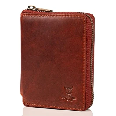 Abbildung von MATADOR Geldbörse Portmonee Geldbeutel Herren Leder mit YKK Metall Reißverschluss Portemonnaie Geldtasche Kartenetui Brieftasche RFID Blocker und Geschenk Box Kartenportmonai Braun