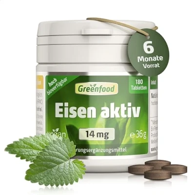Abbildung von Eisen aktiv, 14 mg, hochdosiert, 180 Tabletten, vegan, hohe Verfügbarkeit, Gut verträglich für die Bildung roter Blukörperchen (Eisen). Ohne künstliche Zusätze. Gentechnik.