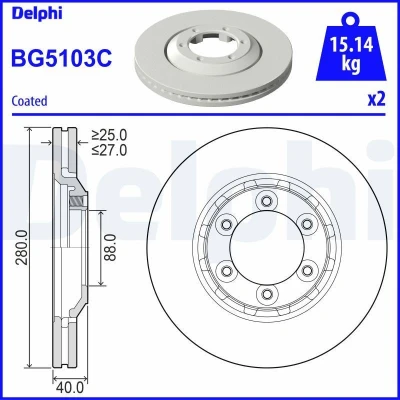 Abbildung von DELPHI BG5103C Bremsscheibe 280 27 6 Belüftet beschichtet unbehandelt ohne Radlager, ABS Sensorring ISUZU: D Max II Pickup