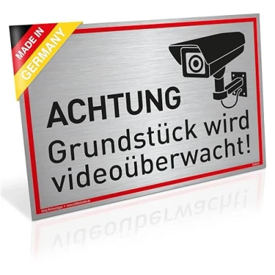 Abbildung von Schild Achtung Grundstück wird videoüberwacht! Alu 30 x 20 cm stabiles mit UV Schutz silber gebürstet edle Optik Videoüberwachung Kameraüberwachung Kameraüberwacht Dreifke®