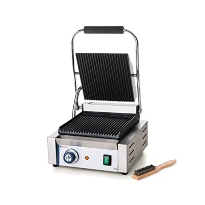 Abbildung von HENDI Kontaktgrill, Einzelversion, Elektrogrill, Tischgrill, Sandwichtoaster, Regelbar bis max. 300C, Oberseite (H)530mm, Grillfläche 220x230mm, 230V, 1800W, 310x370x(H)210mm, Edelstahl