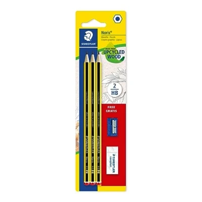 Abbildung von Staedtler Bleistifte Set Noris 120, Made from Upcycled Wood, Härtegrad HB, 3 x Bleistifte, 1 Radierer und Spitzer, hohe Qualität in Germany, 120SBK3 C