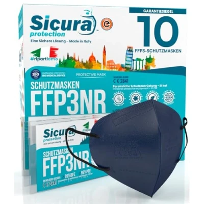 Abbildung von 10x CE zertifizierte FFP3 Masken Blau mit Schwarzen Gummibänder Made in Italy aufgedrucktem SICURA Logo PFE ≥99% BFE SANIFIZIERT einzeln versiegelt