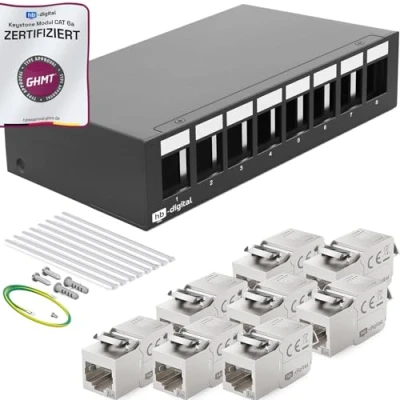 Abbildung von HB DIGITAL 8 Port Patchpanel Patchfeld Verteilerfeld 1 HE 8x CAT 6a RJ45 Keystone Jack Modul GHMT Zertifiziert vollgeschirmt STP 10 Gbps Kompatibel mit Verlegekabel Netzwerkkabel LAN Schwarz
