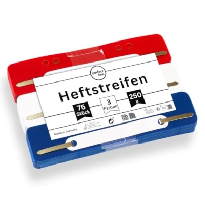 Abbildung von perfect line 75 Heftstreifen (3x25 Stk.), recycelbarer Kunststoff, MADE IN GERMANY (Rot, Blau, Weiß.)