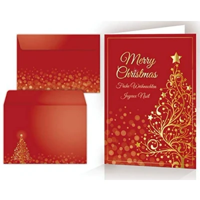 Abbildung von Edition Colibri 10 Weihnachts Klappkarten: Goldener Weihnachtsbaum, Weihnachtskarten mit Umschlag Set, A6, hochwertige, mehrsprachige Grusskarten für Weihnachten (11007)