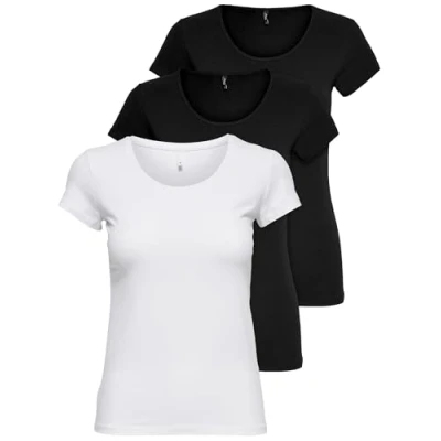 Abbildung von ONLY 3er Pack Damen T Shirt schwarz oder weiß Kurzarm lang Basic Sommer Shirts XS S M L XL 15209153