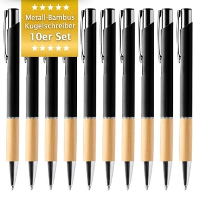 Abbildung von Metall Kugelschreiber mit Bambusgriff I Set 10 Stück, blaue Tinte Robust &amp; hochwertig Schwarzer Kuli Angenehmes Schreiben