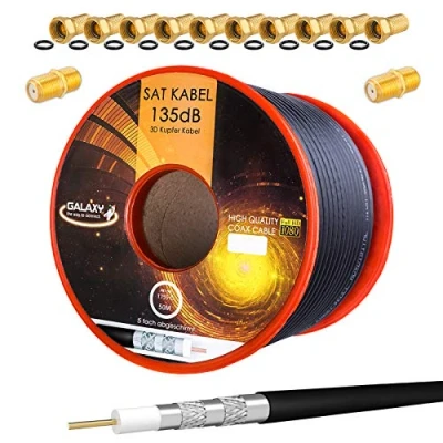 Abbildung von HB DIGITAL SET 50m Koaxial SAT Kabel 135db Schwarz + 10x F Stecker &amp; 2x Verbinder vergoldet CU Kupfer Satellit Antennenkabel 5 Fach geschirmt für DVB S/S2 C/C2 T/T2 DAB+ Radio BK Anlagen