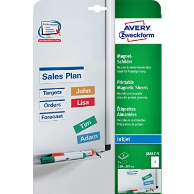 Abbildung von AVERY Zweckform J8875 5 Magnet Schilder (5 Magnete, 210x297mm auf A4, spezialbeschichtet, bedruckbar, magnetische Haftung White Boards, Metalltafeln, uvm., für Inkjet Drucker) Blatt, weiß
