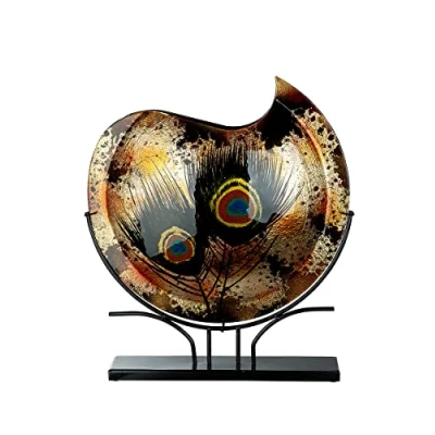 Abbildung von GILDE Glas art Design Deko Vase auf Metall Ständer mit Federn Dekoration Wohnzimmer Geschenk für Frauen Weihnachten Geburtstag Farbe: Braun Gold Schwarz Höhe 37 cm