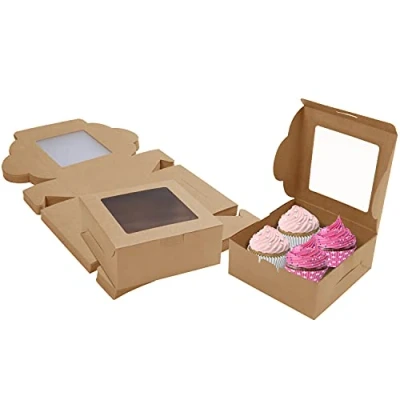 Abbildung von Belle Vous Braune Kraftpapier Geschenkbox mit Deckel &amp; Sichtfenster (50 Stk) 15,2 x 15,5 6,3 cm Einwegverpackungsboxen Box für Kekse, Cupcake Box, Muffin, Patisserie Torten Verpackung