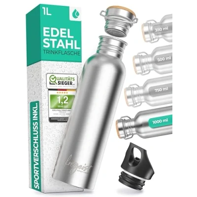 Abbildung von Die Trinkflasche Edelstahl 1l + EXTRA Sportverschluss, 750ml, 500ml 350 ml, water bottle, Edelstahl, Spülmaschinenfest