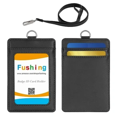Abbildung von Fushing Ausweishülle Mit Band,Ausweishalter Premium Leder,2 seitig SchlüsselBänder Kartenhalter,Kartenhalter Lanyard &amp; Drehbarem J Haken(Schwarz)