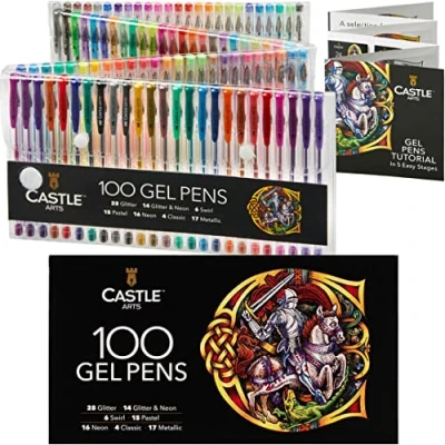 Abbildung von Castle Art Supplies 100 Gelstifte Profimalset Zeichen , Skizzen Notizbücher Tolle Farben, Effekte Wirbel, Glitzer, Neon, Pastell, Metallic mit weichen, feinen Spitzen