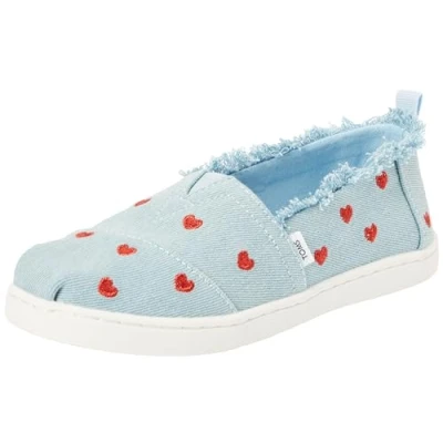 Abbildung von TOMS Tiny Girl&#039;s Classic Alpargata Espadrille Loafer Flat, Pastel Blue Washed Denim/Metallic Embroidered Hearts, 23.5 EU