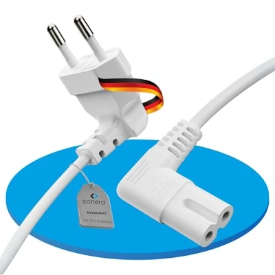 Abbildung von sonero Stromkabel Netzkabel 2 Polig, 0.50m, Eurostecker Typ C Netzstecker auf IEC Buchse C7 Euro 8 Stecker, 90 Winkel Netzteil Strom Kabel für TV, PS5, PS4, PS3, Haushaltsgeräte, weiß