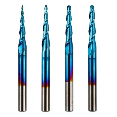 Abbildung von Genmitsu 4 Stück 2 Nuten Kugelkopffräser mit konischer Spitze, Vollhartmetallfräser Nano Blue Beschichtung, R0,25mm 1,0mm, 3,175mm (1/8 Zoll) Schaft, TB04A