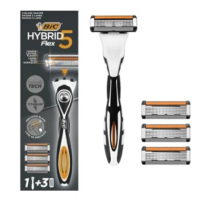 Abbildung von BIC Hybrid 5 Flex Wiederaufladbarer Rasierer für Herren, Griff und Nachfüllpackungen, Klingen aus Nanotech, Titan Box mit 1 + 3 Stück