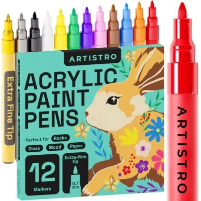 Abbildung von Artistro 12 Acryl Stifte Hohe Qualität, Zeichenset zum Bemalen von Steinen, Glas, Leinwand, Holz, Kunststoff, Stoff, Metall, Leder, Keramik Extra Feine Spitze (0,7mm)