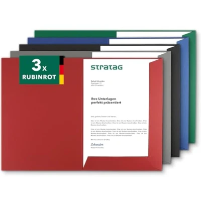 Abbildung von Präsentationsmappe A4 in Rubinrot (3 Stück) sehr stabiler 350 g/m² Naturkarton direkt vom Hersteller STRATAG vielseitig einsetzbar für Ihre Angebote, Exposés, Projekte oder Geschäftsberichte