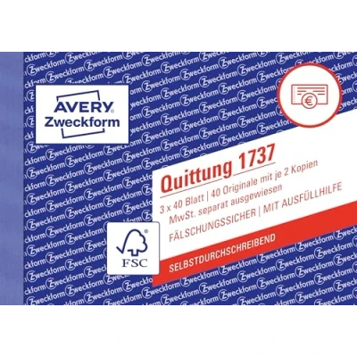Abbildung von AVERY Zweckform 1737 Quittungsblock (A6 quer, 3x40 Blatt, mit Durchschlag, fälschungssicher, separat ausgewiesene MwSt., für Deutschland und Österreich) weiß/gelb/rosa