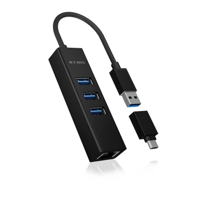 Abbildung von ICY BOX IB HUB1419 LAN Aluminium USB HUB mit 3 3.0 Ports und RJ45 Gigabit Ethernet Netzwerkadapter, Integriertes Type A Kabel C Adapter für Windows Mac OS X
