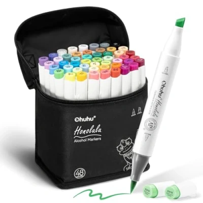 Abbildung von Ohuhu Marker Stifte Set, Pinsel Stift mit 48 Farben Doppelseitige Farbspitz Chisel Brush Alkoholmarker für Comics Manga Tip zum Skizzieren Kalligraphieren Zeichnen