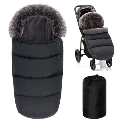 Abbildung von Zamboo Universal Thermo Fußsack mit Fell für Buggy Kinderwagen Kinder Winterfußsack 3 Punkt und 5 Gurt, Kapuze Fleece Futter Dunkelgrau