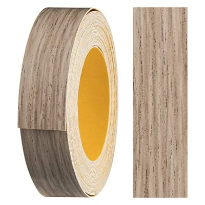 Abbildung von haggiy Melaminkanten Band selbstklebend 18mm x 5m I Kantenband Möbelkantenband Sicherer Halt ohne Bügeln Kantenumleimer Furnier für Regalbretter/Holzplatten (Eiche grau)