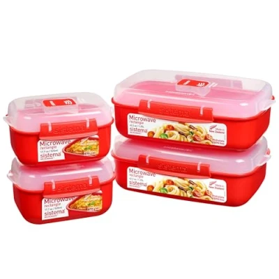 Abbildung von Sistema Microwave Heat &amp; Eat Frischhaltedosen Set 4 rechteckige Mikrowellen Vorratsdosen mit Deckeln (2 x 1,25 l + 2 525 ml) verschließbare Clips und Belüftungsventile BPA frei [82005]