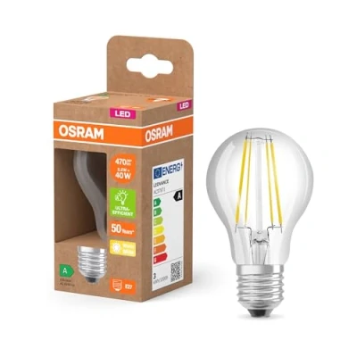 Abbildung von Osram LED Classic Lampe mit Filament in klassischer Kolbenform, klarer Glasleuchtkörper, 2.2 W, E27 Fassung, EEK A, 470 lm für die Allgemeinbeleuchtung.