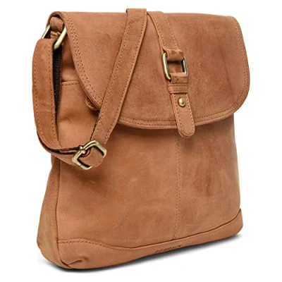 Abbildung von LEABAGS Leder Handtasche Damen I Premium Echtleder Umhängetasche Schultertasche Damentasche Tragetasche für Arbeit Uni Schule Freizeit 27 x 23 6 cm Nature Hellbraun