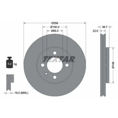Abbildung von TEXTAR PRO 92287003 Bremsscheibe 256 22 04/05 100 außenbelüftet beschichtet ohne Radbefestigungsbolzen, Radnabe VOLKSWAGEN: up! Hatchback