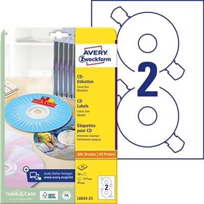 Abbildung von AVERY Zweckform L6043 25 selbstklebende CD Etiketten (50 blickdichte Aufkleber, Ø117mm auf A4, ClassicSize, Papier matt, bedruckbare Klebeetiketten für alle A4 Drucker) Blatt, weiß
