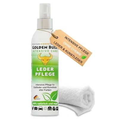 Abbildung von Golden Bull® Lederpflege Spray intensiv 250ml + Tuch [VEGAN OHNE Chemie] Natürliches Leder Kunstleder Pflegemittel für werterhaltende Pflege von Ledersitz, Ledercouch, Autoleder, Sofa &amp; Lederjacke