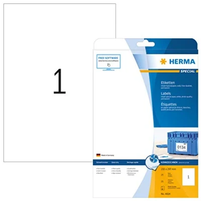 Abbildung von HERMA 4824 Universal Etiketten für Inkjet Drucker, 25 Blatt, 210 x 297 mm, 1 pro A4 Bogen, Stück, selbstklebend, bedruckbar, matt, blanko Klebeetiketten Aufkleber Tintenstrahldrucker, weiß