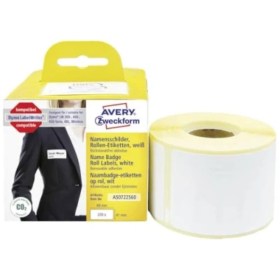Abbildung von AVERY Zweckform AS0722560 Dymo LabelWriter Namensetiketten kompatibel zu S0722560 (41x89mm, 1 Rolle200 Namensaufkleber, selbstklebend, für LW Etikettendrucker/Beschriftungsgerät/Etikettenband)