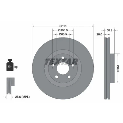 Abbildung von TEXTAR 92317203 Bremsscheibe 316 28 05/05 108 innenbelüftet beschichtet ohne Radbefestigungsbolzen, Radnabe FORD: Galaxy Mk3 MPV, S Max Mk2