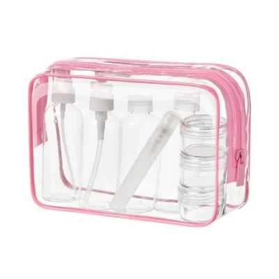 Abbildung von MOCOCITO Kulturbeutel durchsichtig und 8 Stück Reiseflasche Set (max.100ml) Kulturtasche für Flüssigkeiten Handgepäck Kosmetiktasche Reiseflaschen(Rosa)
